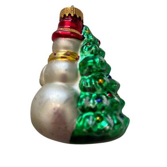 Vintage Blown Glass Snowman next to Christmas Tree Ornament 4” - Picture 9 of 9